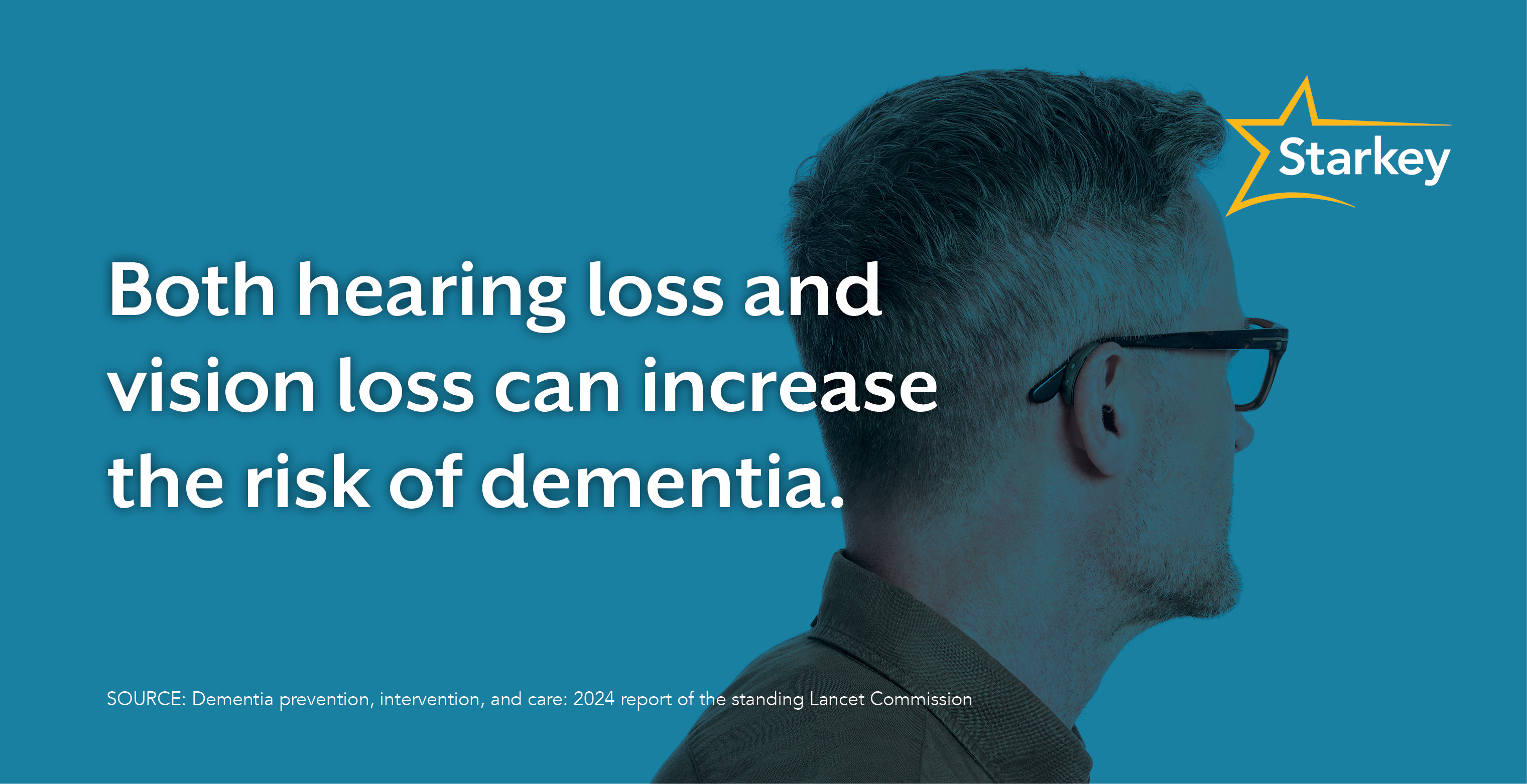 Side profile of a man wearing glasses and hearing aids beside a message explaining that hearing loss and vision loss can increase risk of dementia